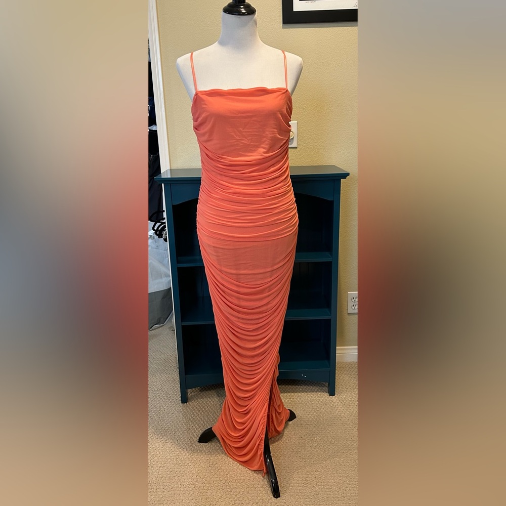 Peach, ruched, body con maxi dress size large